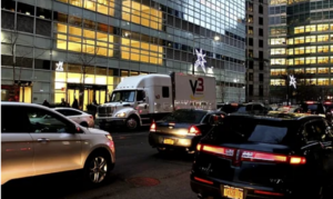 Truck driving in the city